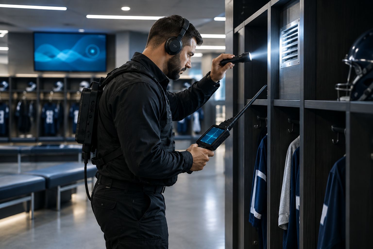TSCM technician inspecting a locker room vent with a handheld RF detector