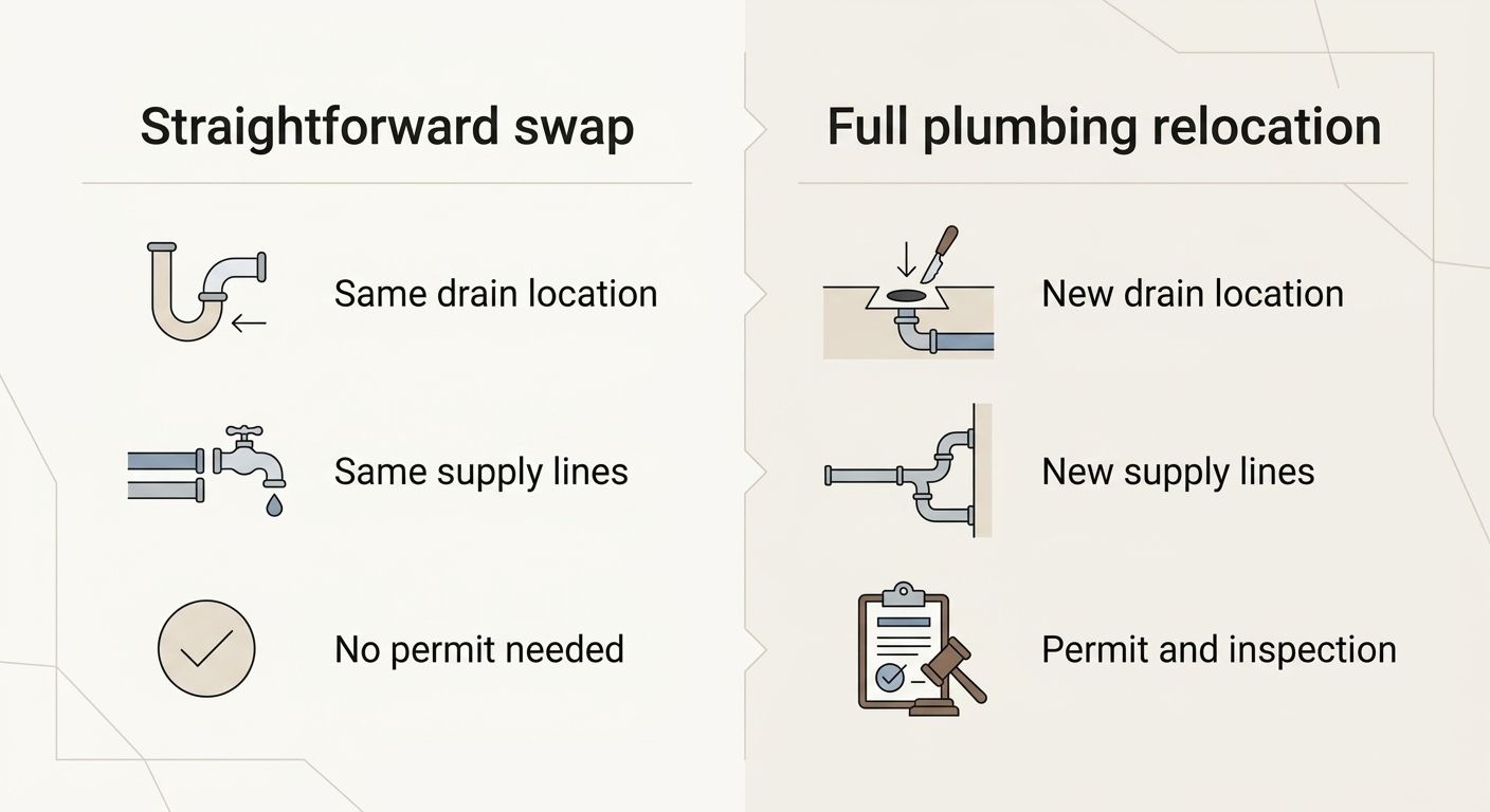 Comparison diagram of straightforward tub swap versus full plumbing relocation