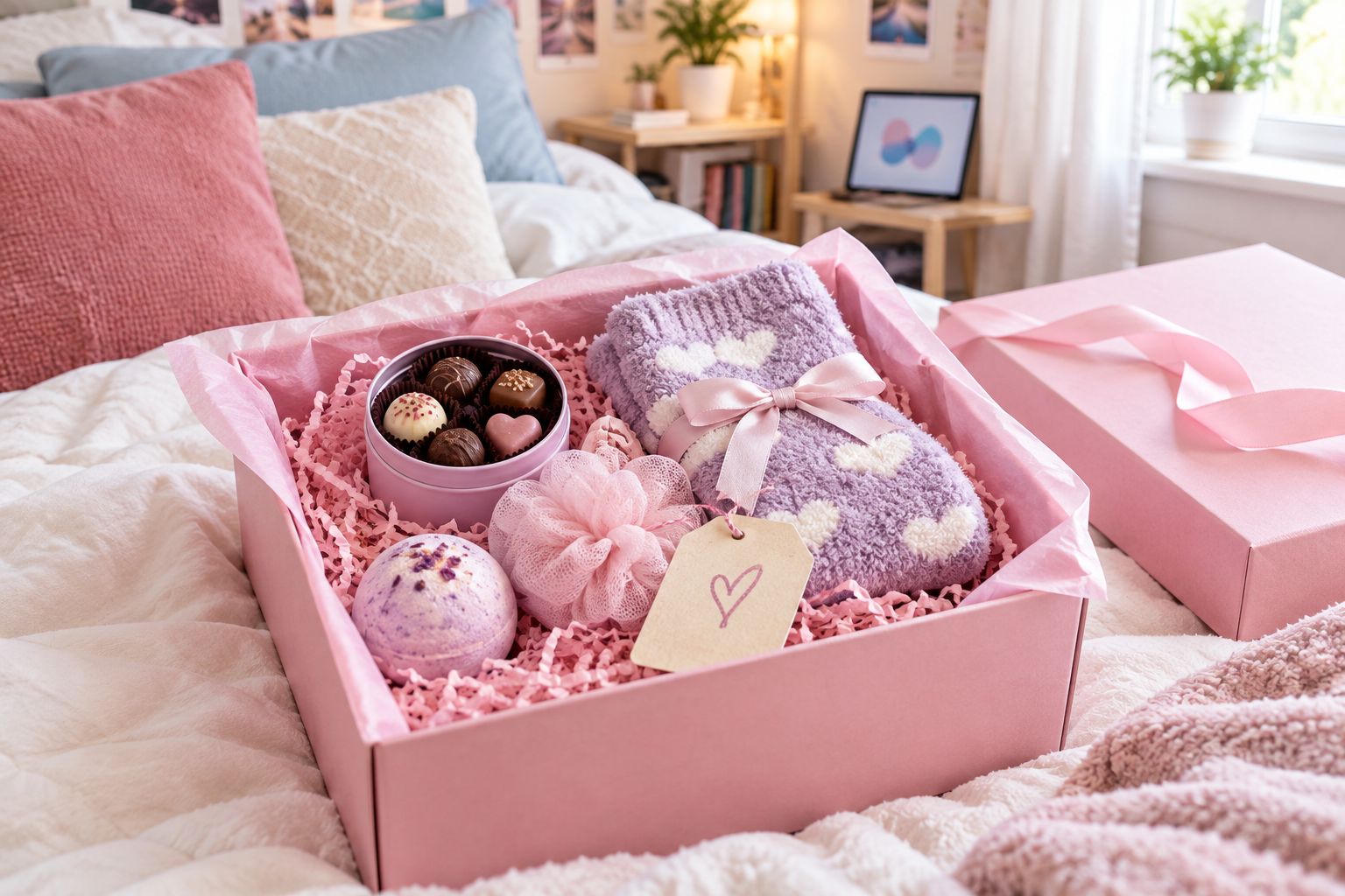 Opened teen-style gift hamper with pamper and treat items on a bed