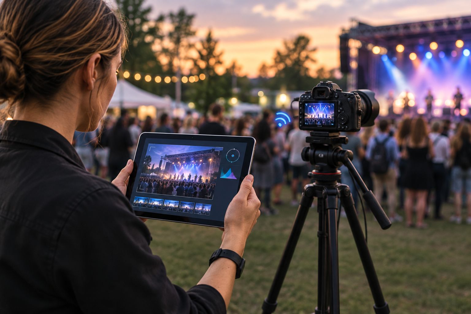 Photographer checking a live camera preview on a tablet at an outdoor event