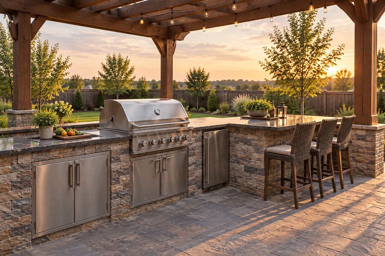 Outdoor kitchen island with grill, counter space, storage, and bar seating under a pergola