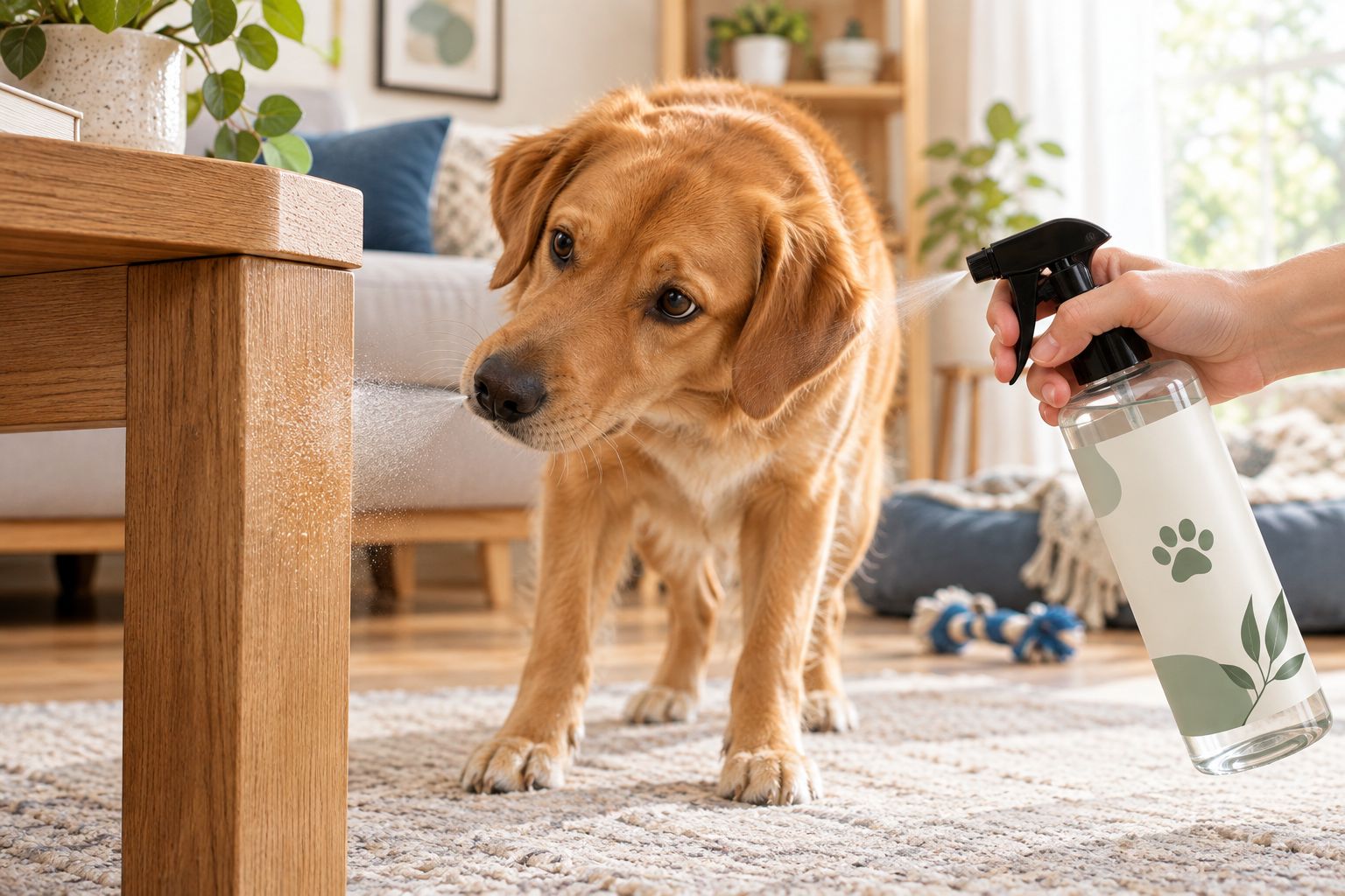 Dog sniffing a table leg treated with anti chew spray