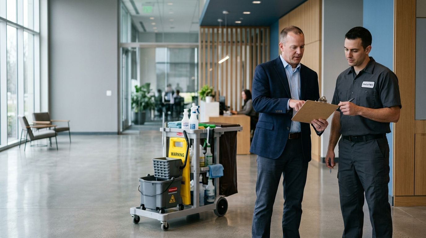 Facility manager reviewing a commercial cleaning vendor transition plan