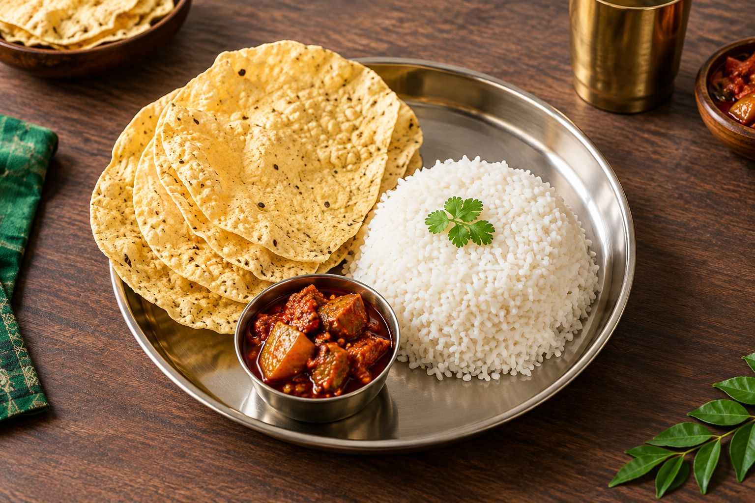 Andhra thali plate with rice, pickle bowl and stacked papads viewed from above