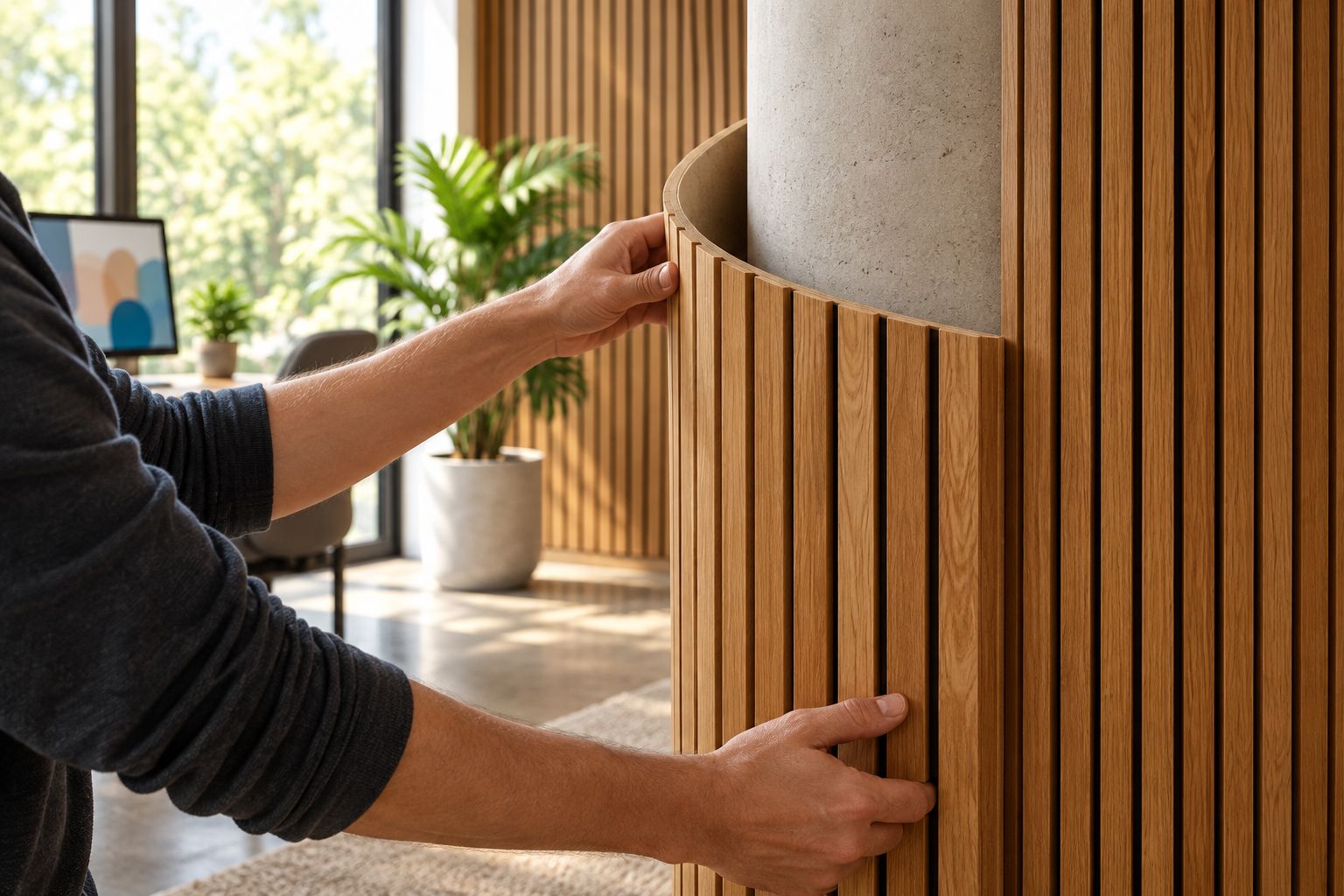 Flexible fluted wood panel being wrapped around a curved column
