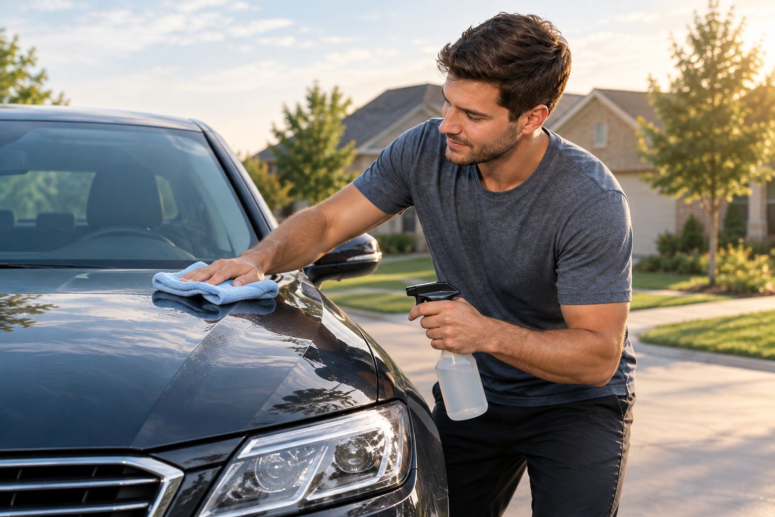Detailer wiping a car hood in a driveway with a microfiber towel and spray bottle