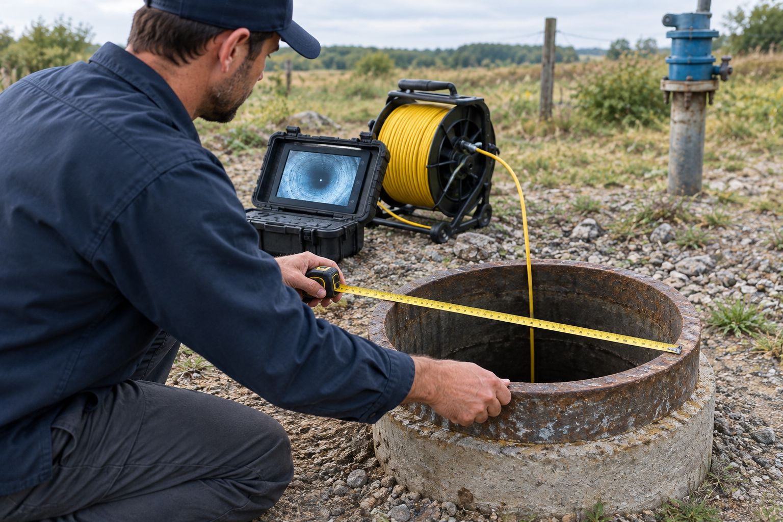 Technician measuring a wellhead casing opening before an inspection