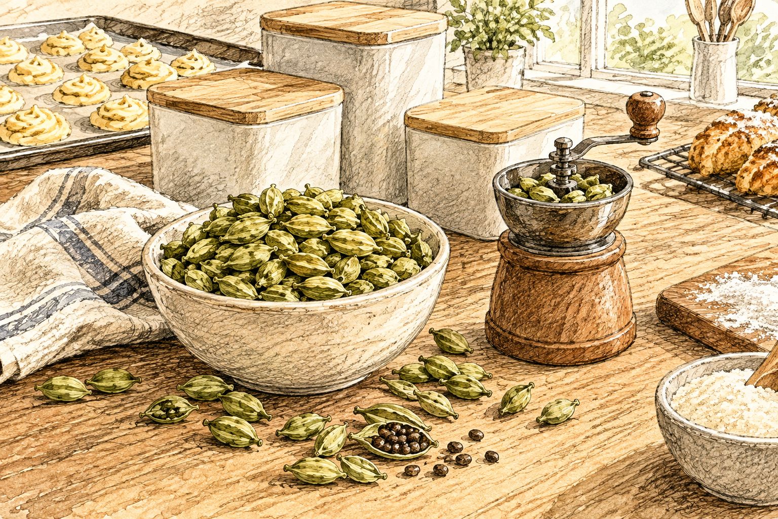 Whole cardamom pods beside a grinder and sealed bakery storage containers