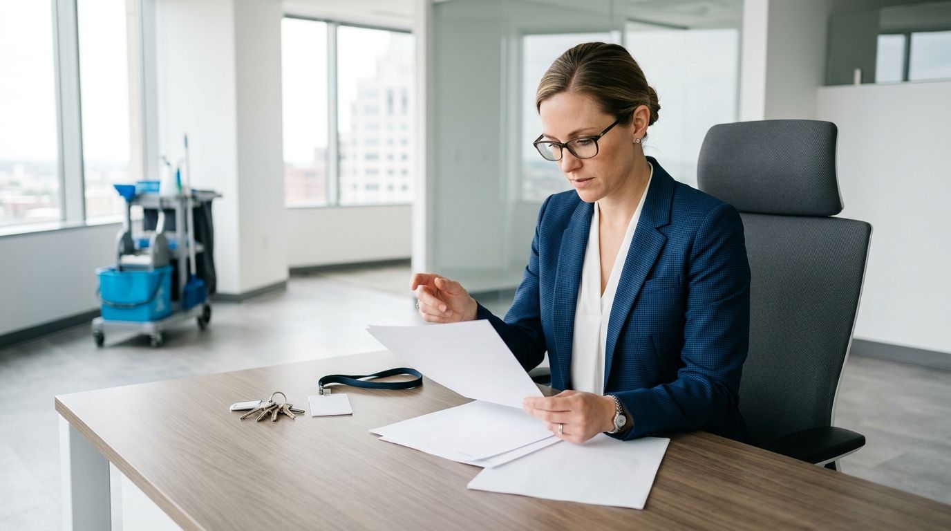 Philadelphia property manager reviewing commercial cleaning insurance and access documents