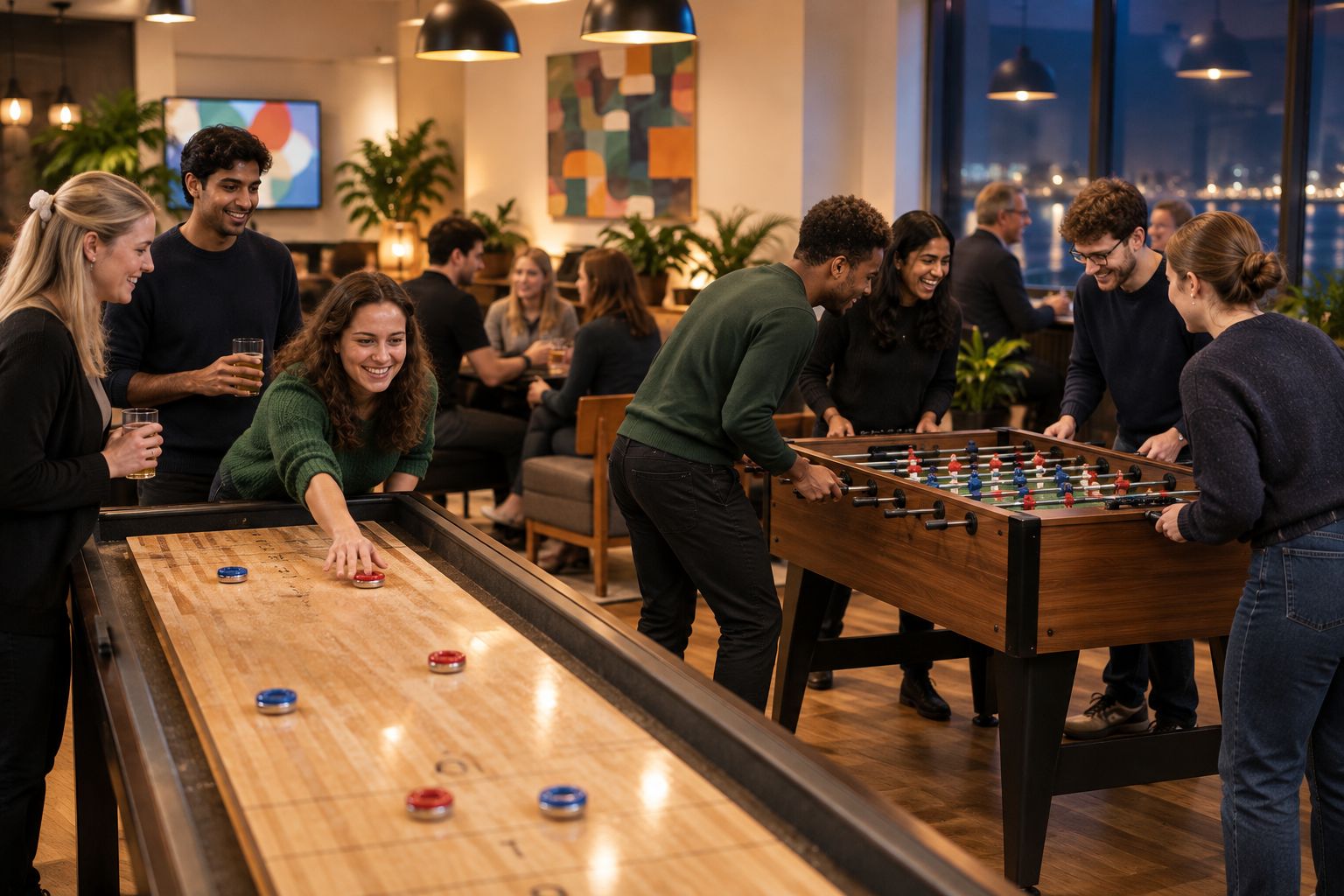 Mixed group playing shuffleboard and foosball in the same open room
