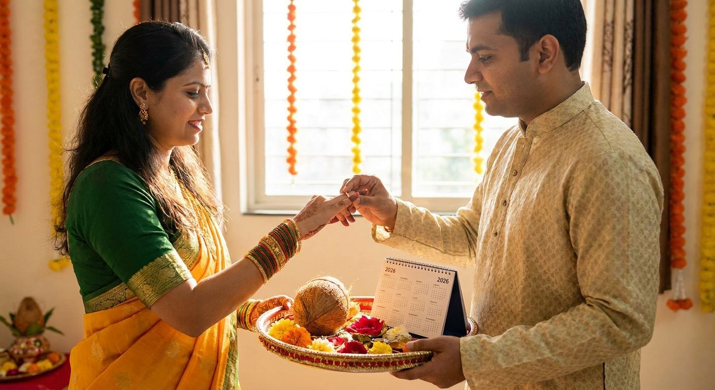 A couple exchanging a ring beside a 2026 calendar and ceremonial tray