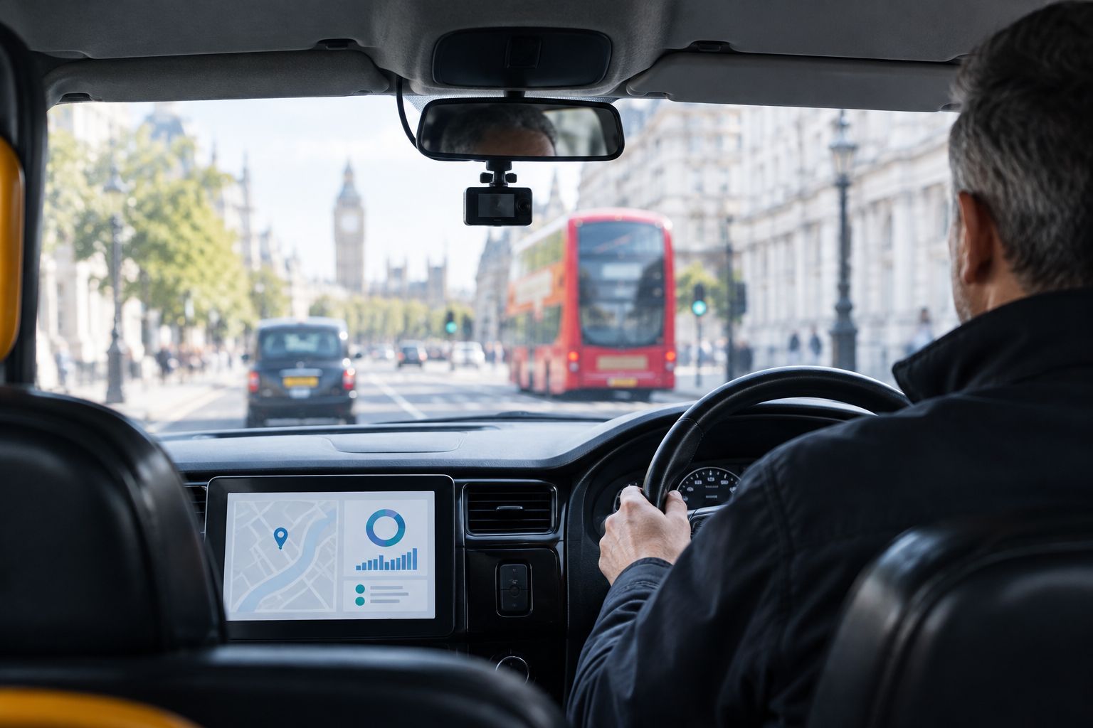 Dash camera mounted on the windscreen of a London taxi