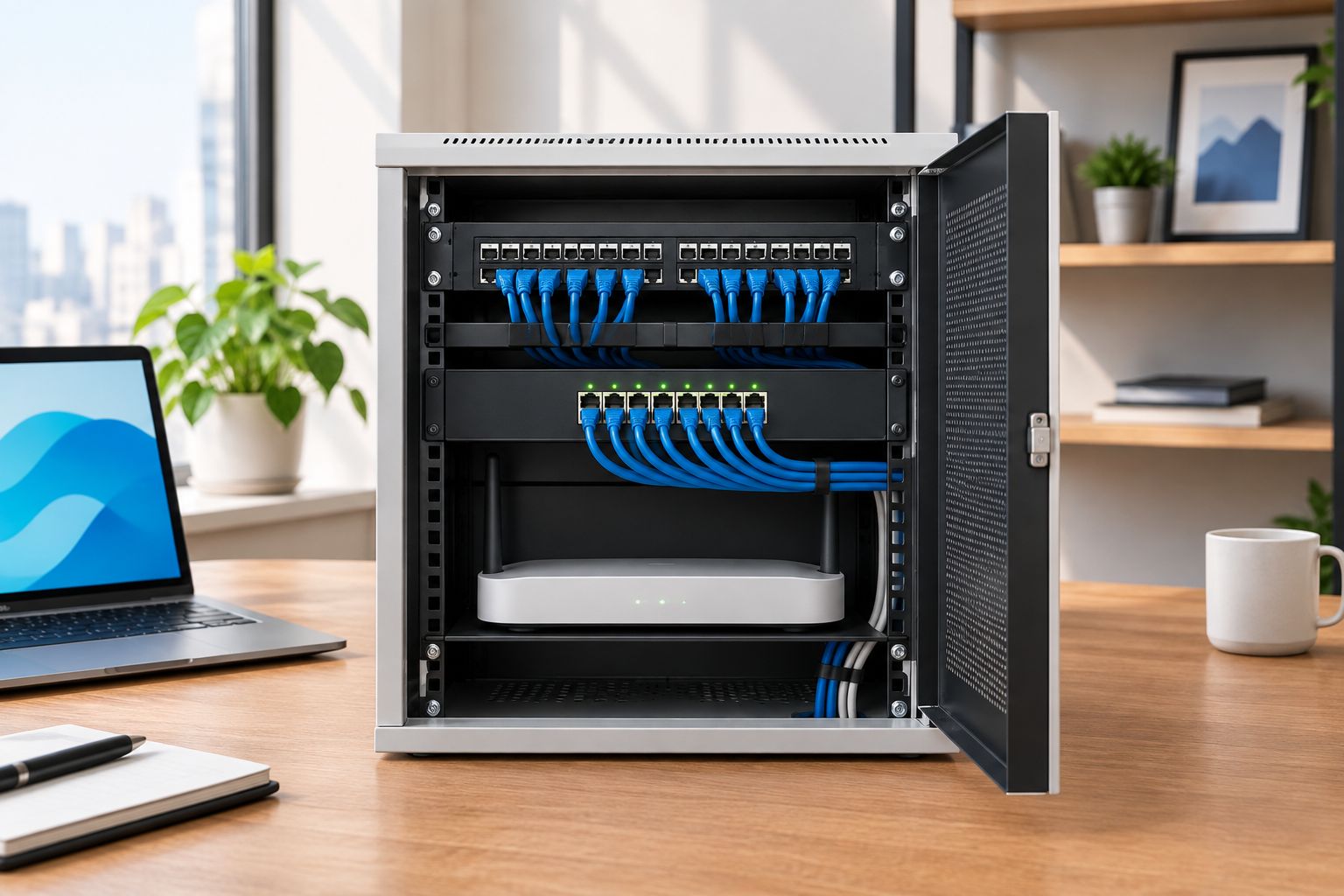 Compact cabinet with a rack-mounted PoE switch and organised network cabling