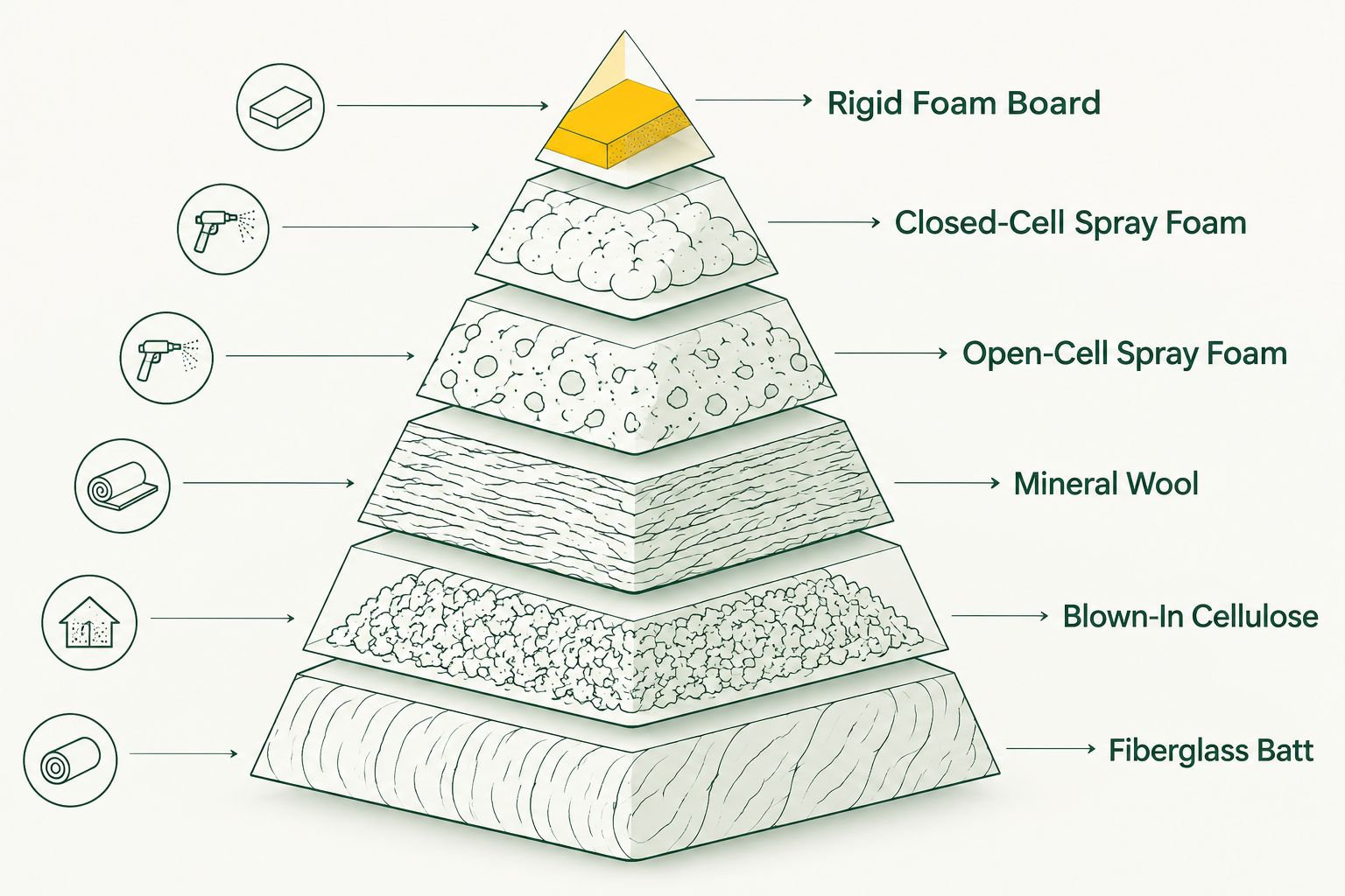 Pyramid showing six insulation types stacked from lowest to highest relative cost tier