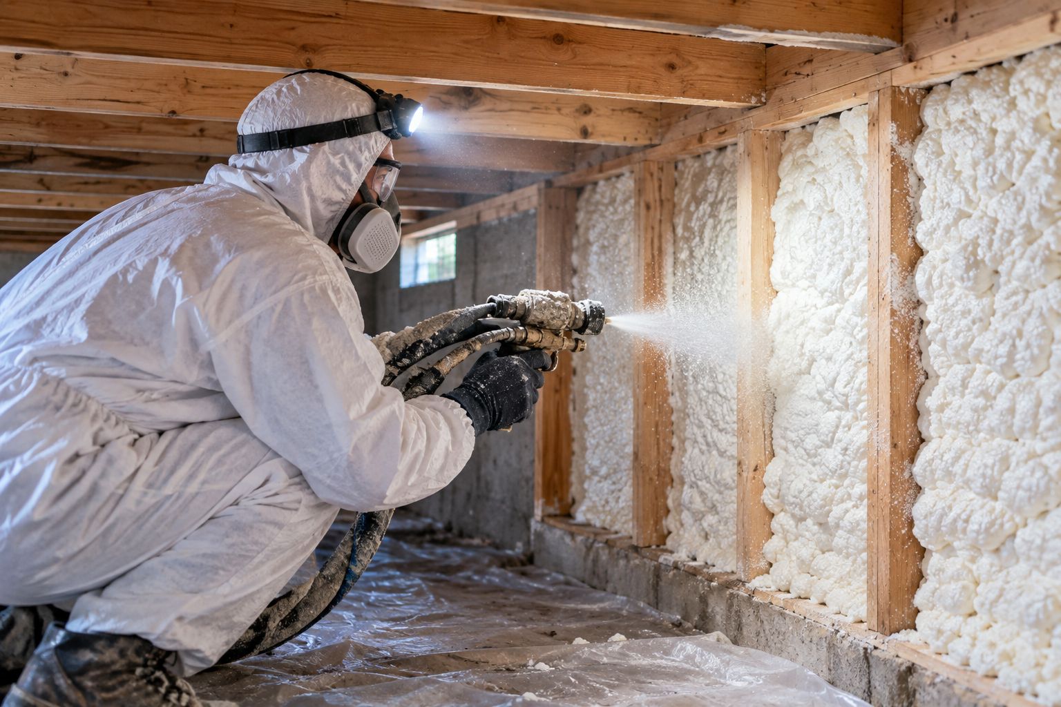 Technician spraying closed-cell foam insulation in a residential crawl space