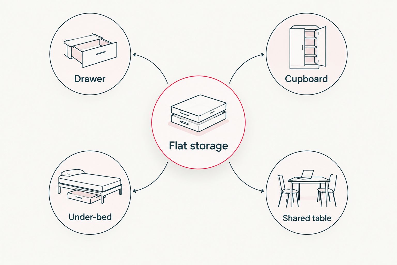 Four storage locations surrounding a central flat storage hub