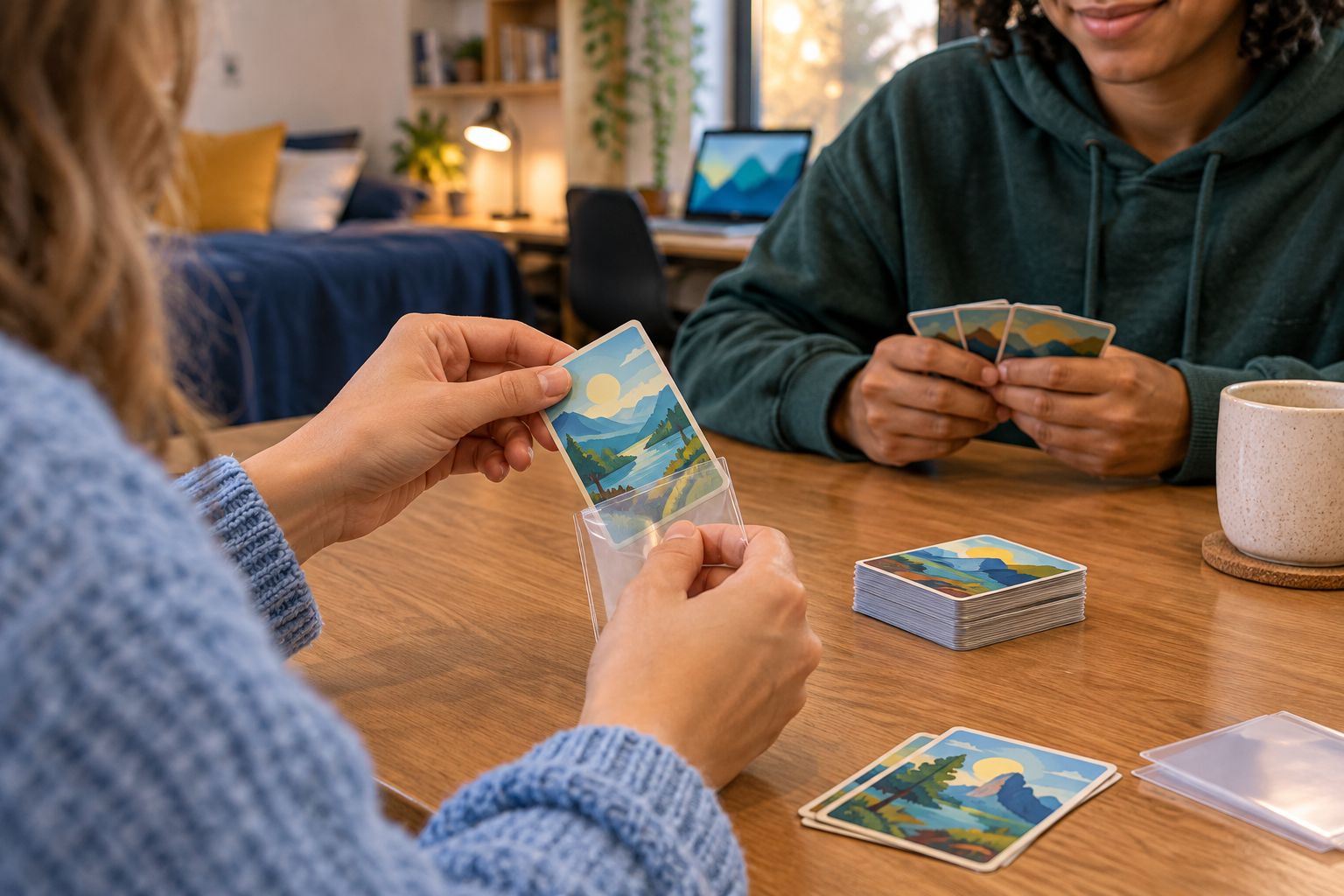 Hands protecting a playing card with a clear sleeve on a shared table
