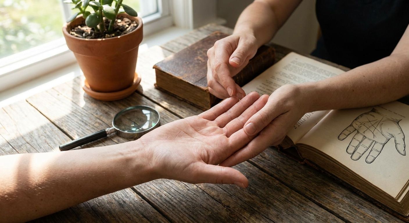 One person examining another's open palm beside a magnifying glass and palm diagram