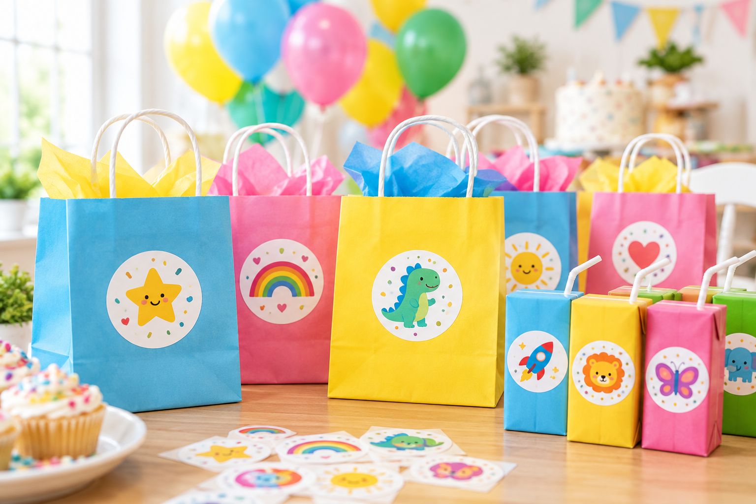 Birthday party favor bags decorated with round custom stickers