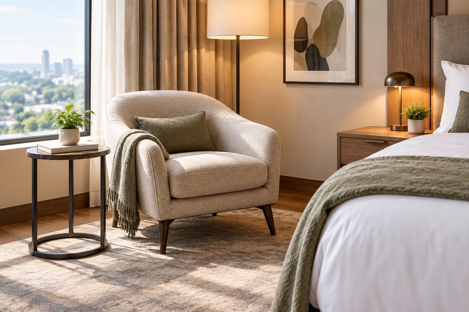 Upholstered occasional chair styled in a bright hotel-style bedroom corner