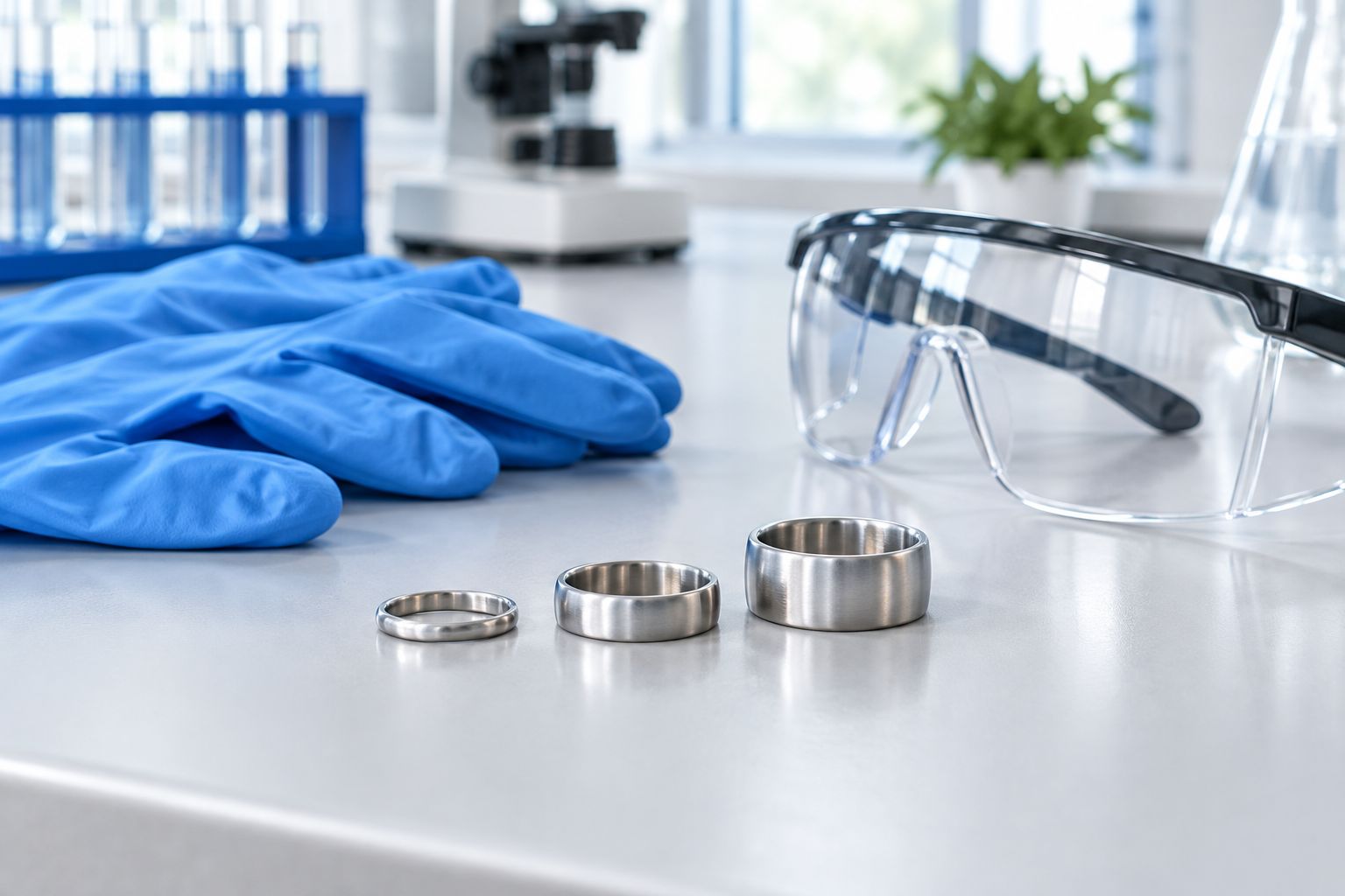 Plain wedding bands in three widths beside laboratory gloves and safety glasses