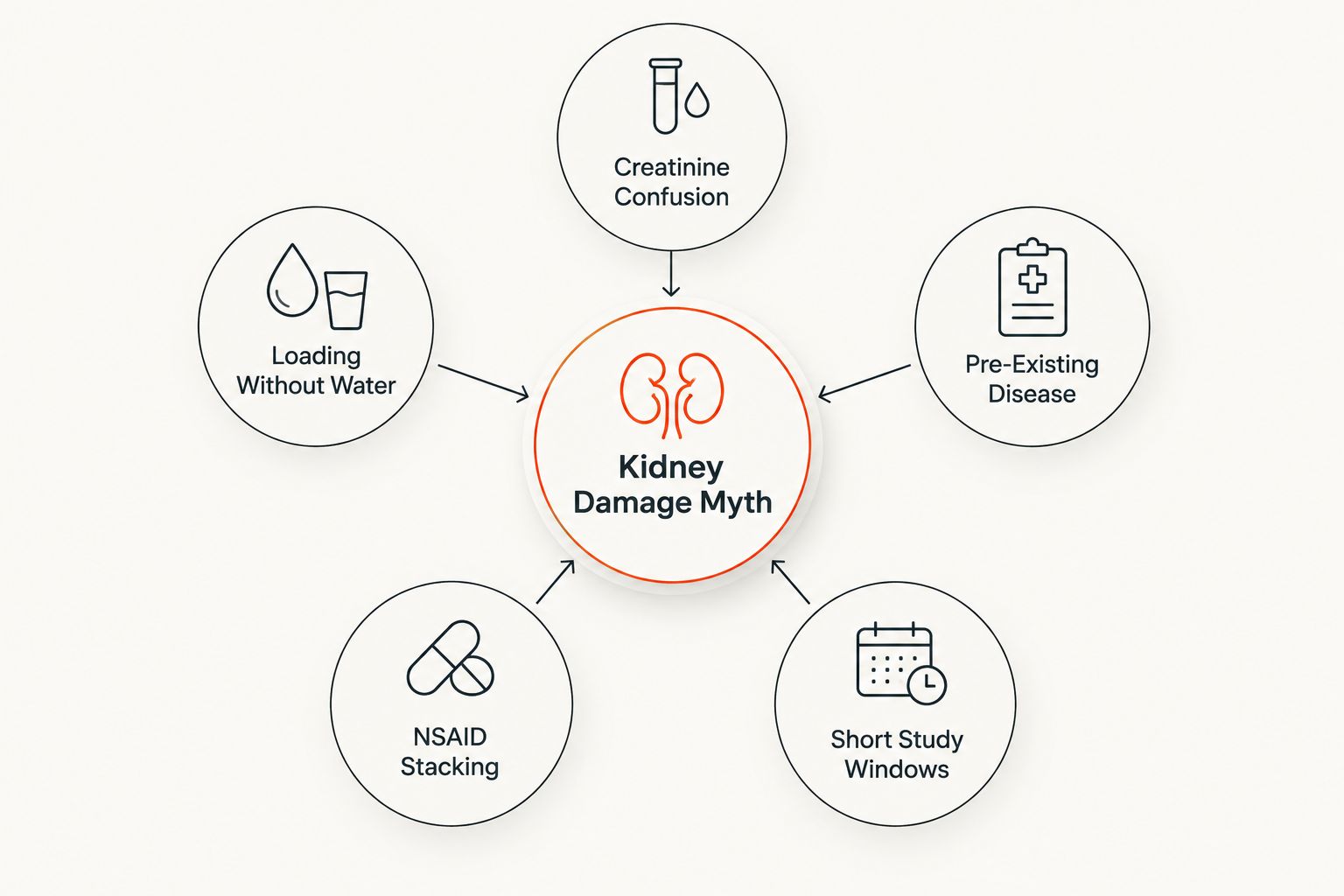 Diagram of five factors feeding the creatine kidney damage myth