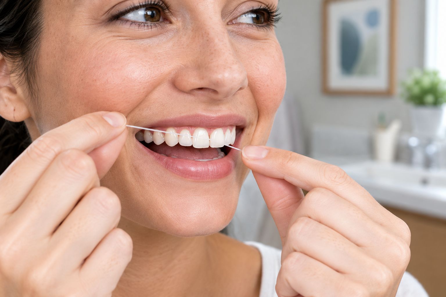 Close-up of floss being guided into a tight contact between two teeth