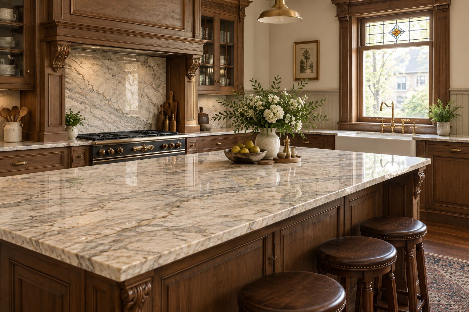 Victorian kitchen with quartzite countertop matched to original wood trim