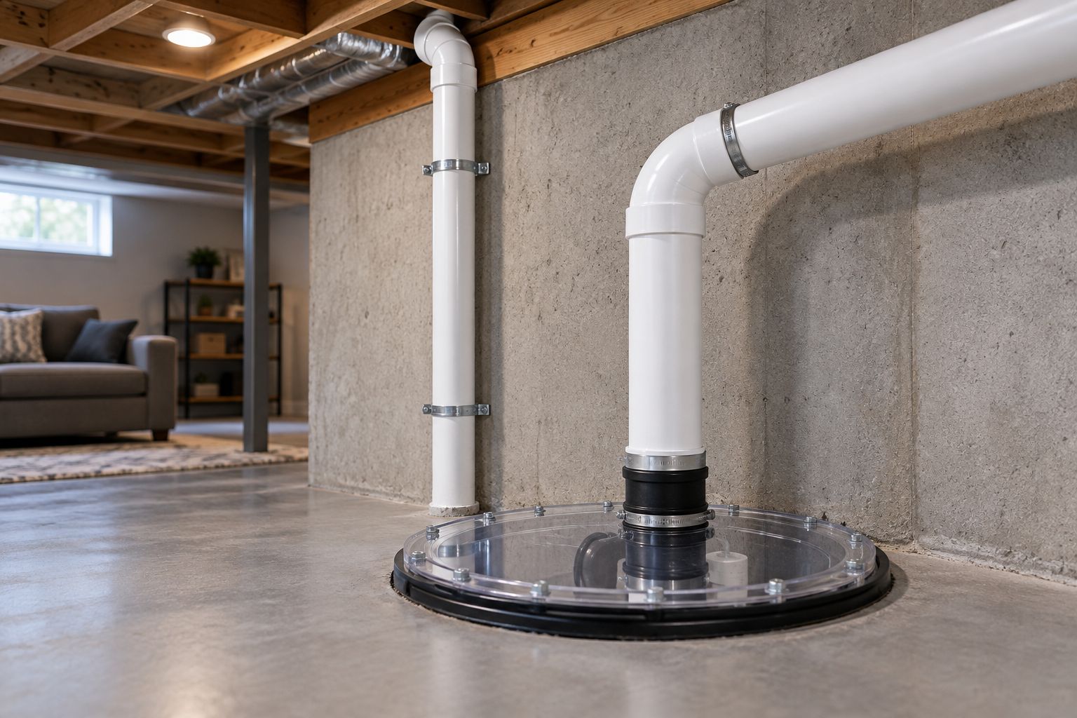 Sealed sump pit lid with discharge pipe and vent pipe fittings
