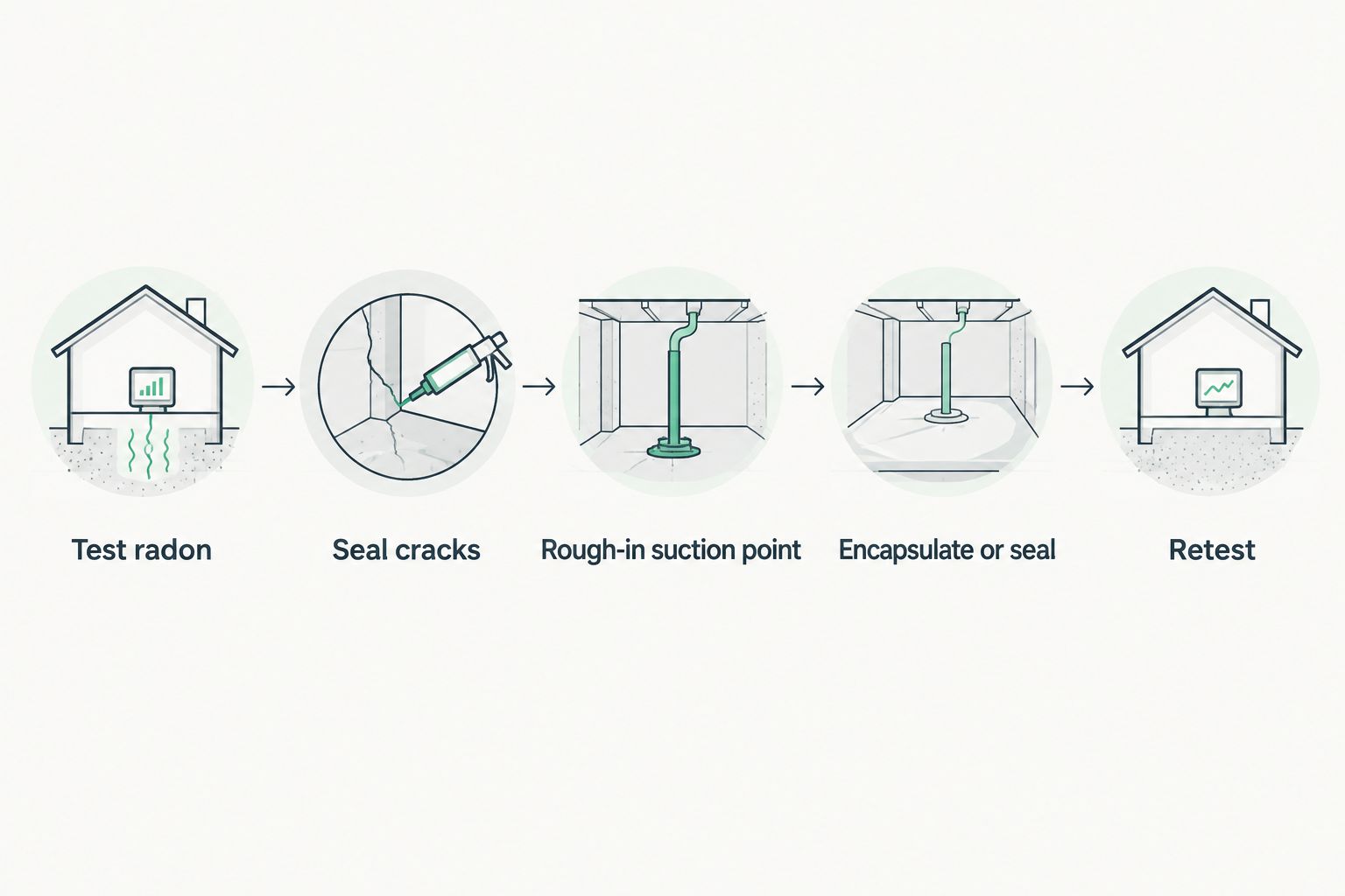 Five-step sequence from testing radon through final retest