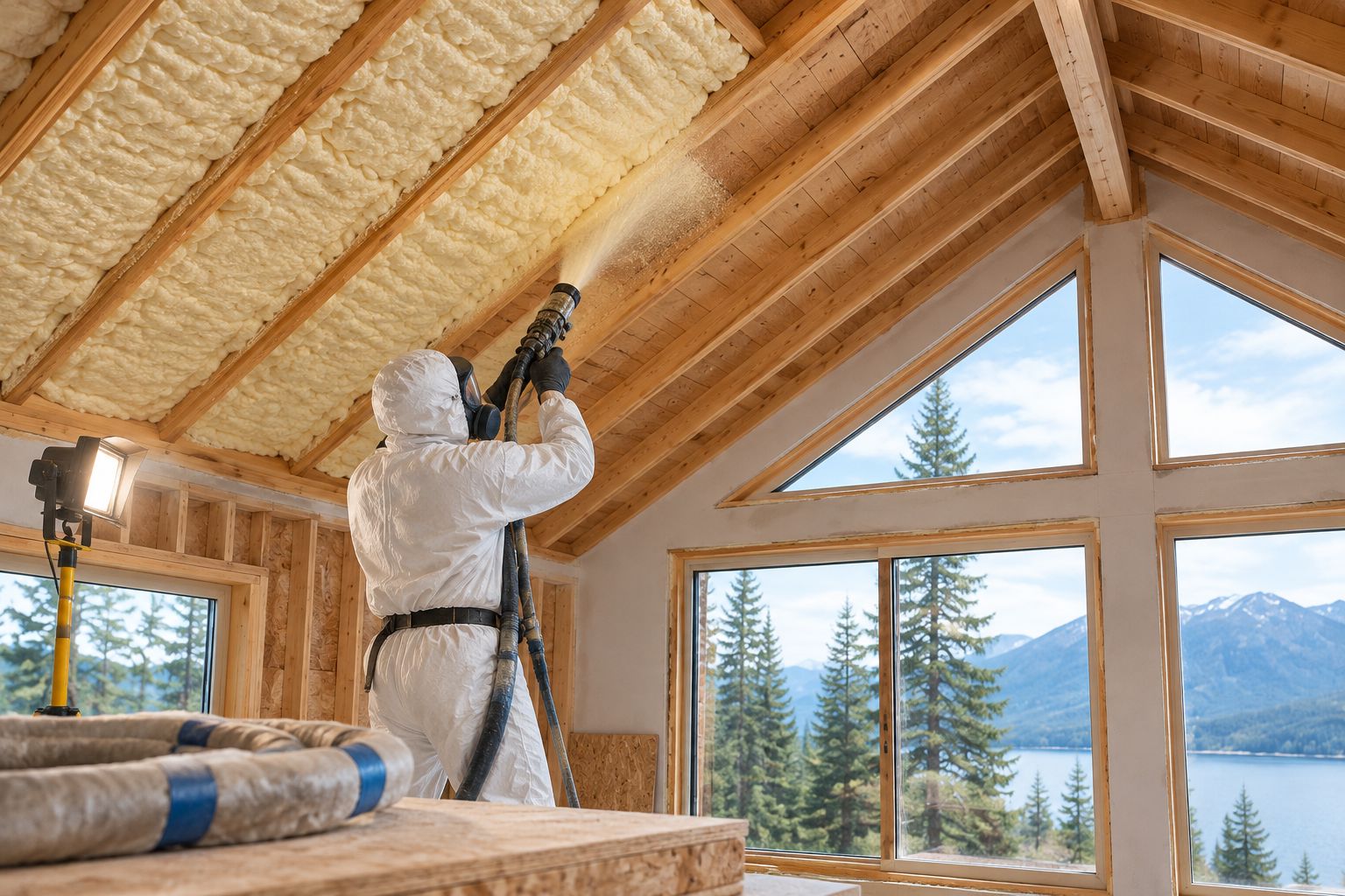 Technician spraying closed-cell foam into vaulted ceiling rafters