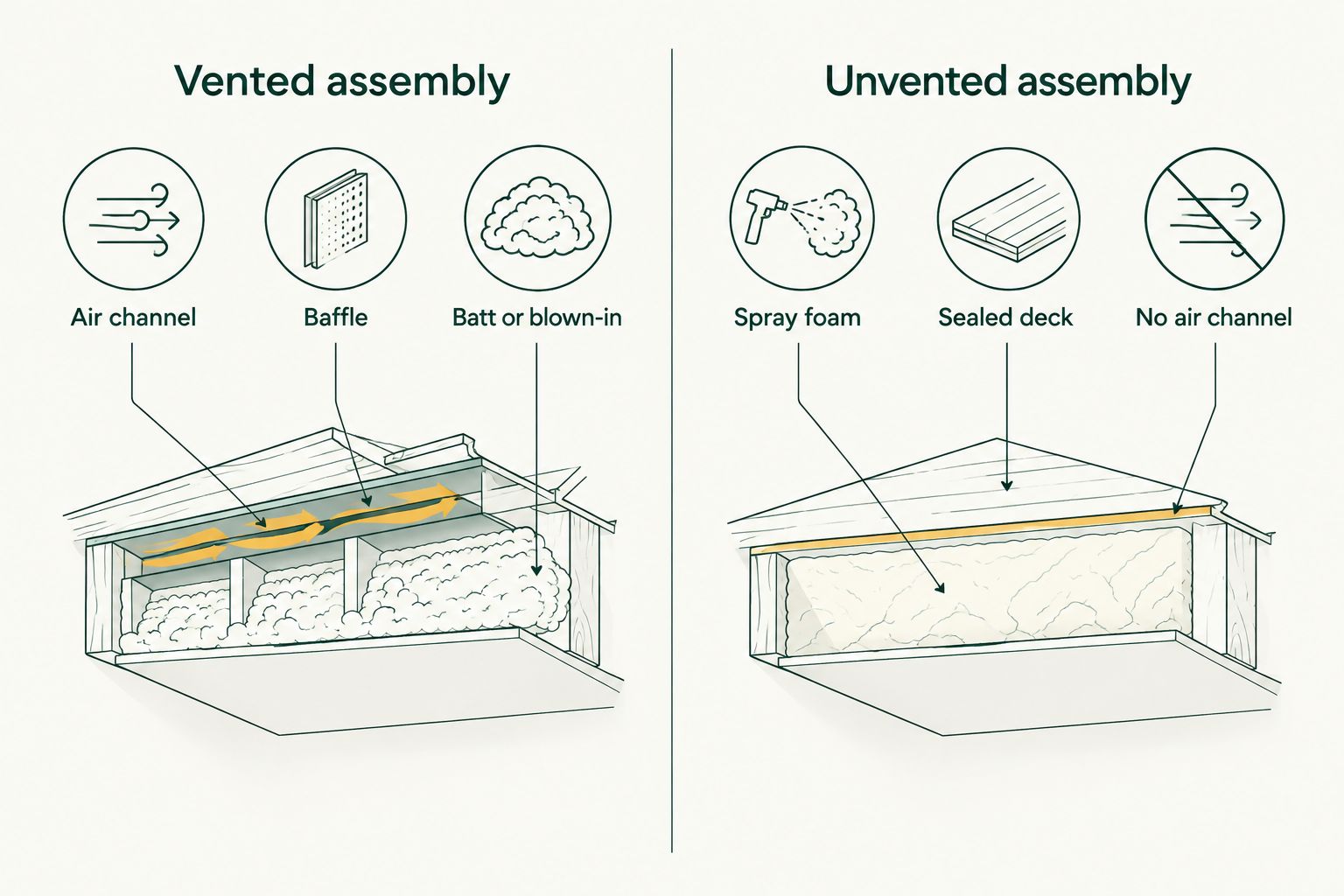 Diagram comparing vented and unvented vaulted ceiling assemblies