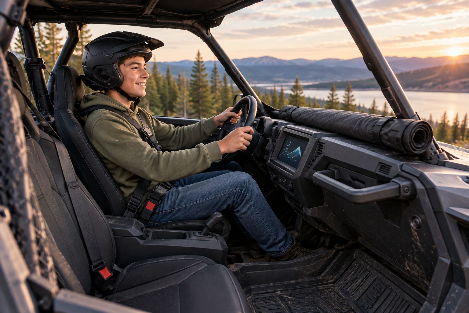 UTV cab interior fitted with floor mats, harness, and windshield cover for a new driver
