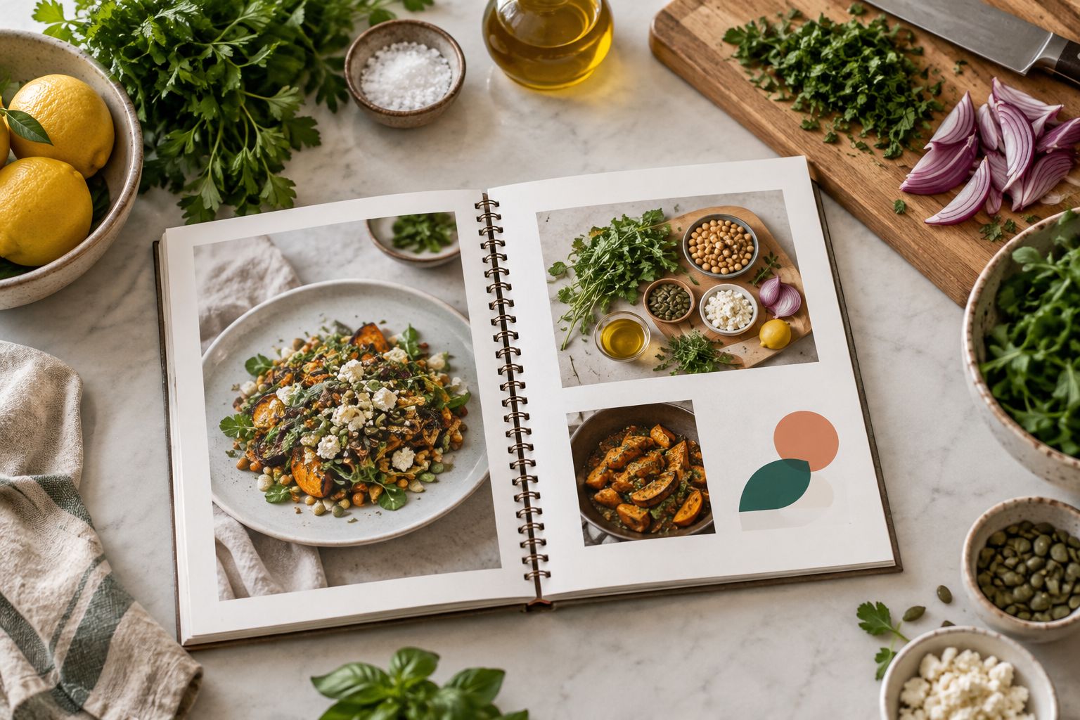 Spiral-bound cookbook lying flat open on a kitchen counter