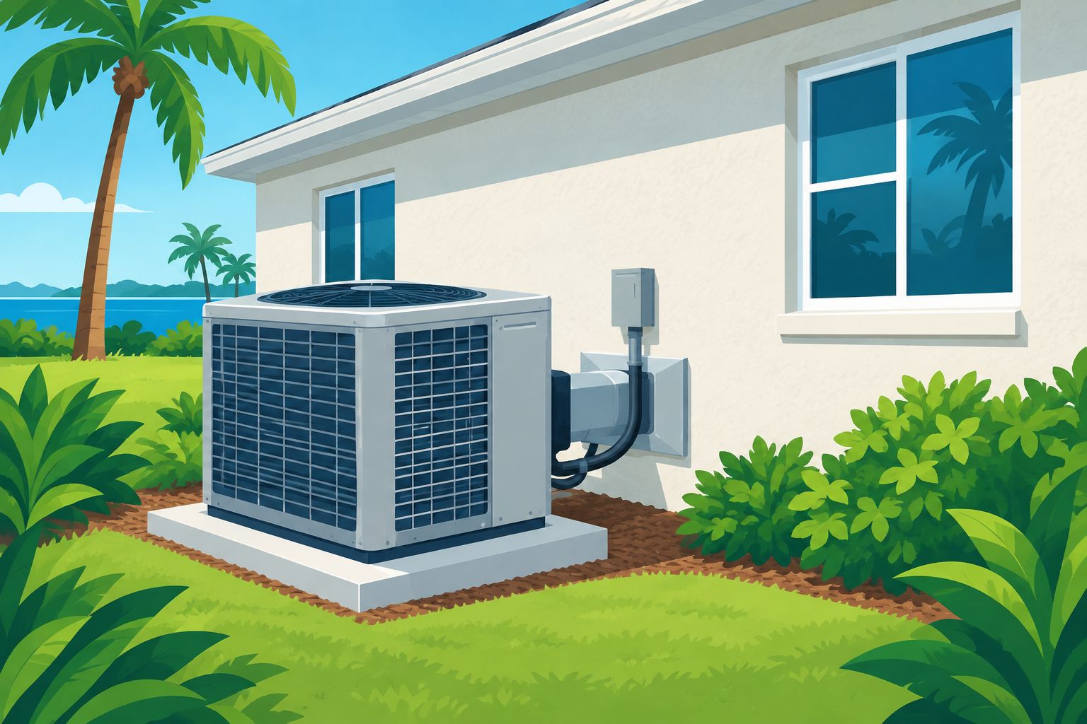Package AC unit on a concrete pad beside a single-story home