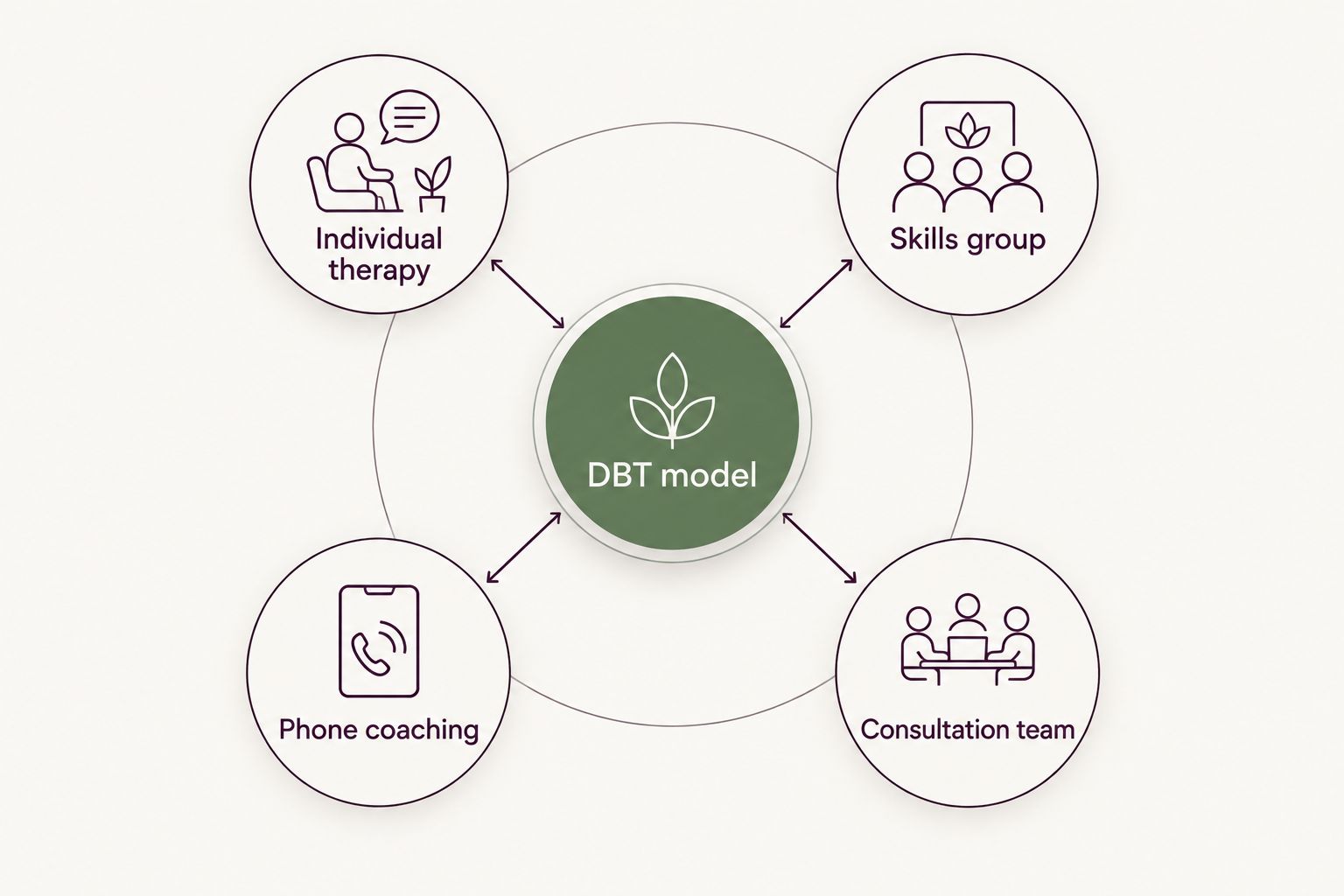 Four components of comprehensive DBT arranged around the central DBT model