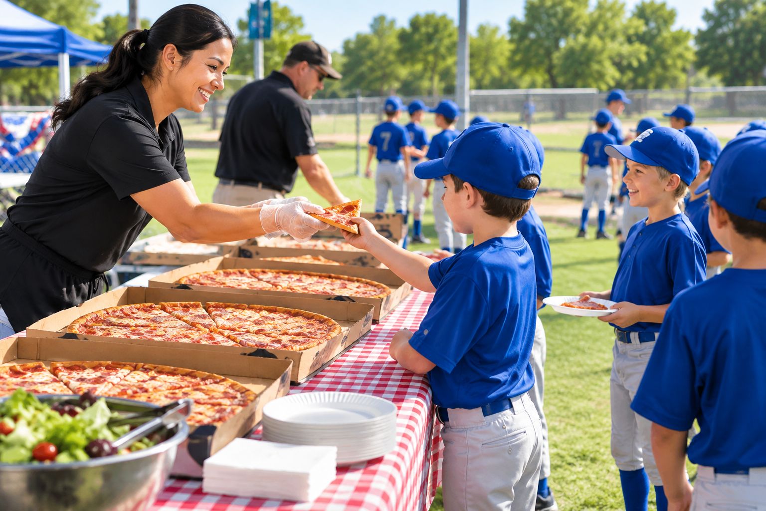 Pizza boxes and paper plates set up on a folding table near a youth baseball field