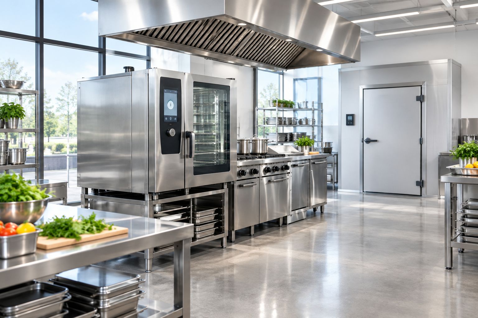 Commercial kitchen showroom with combi oven, extraction canopy and walk-in chiller