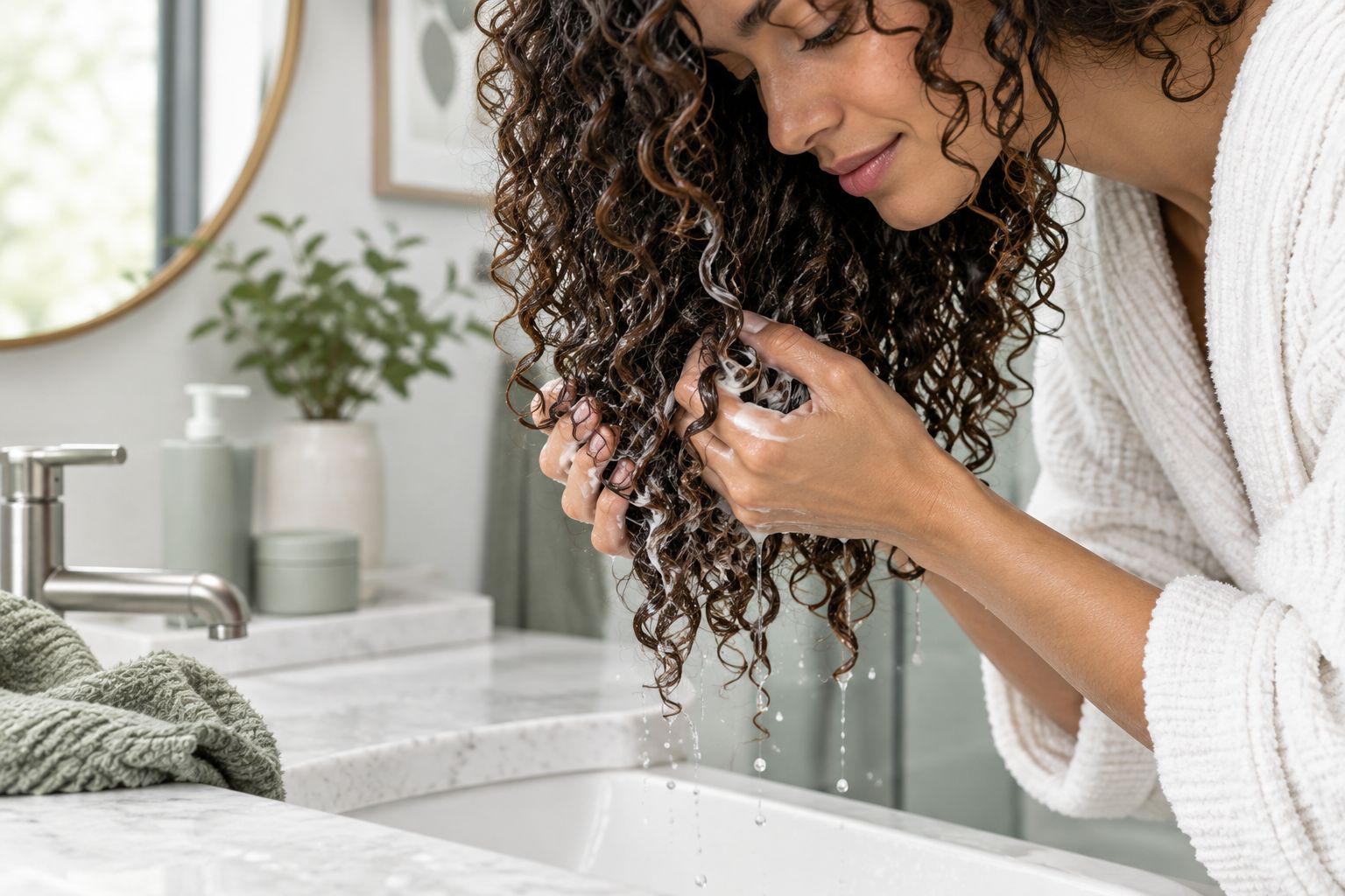 Hands scrunching curl cream into wet curly hair