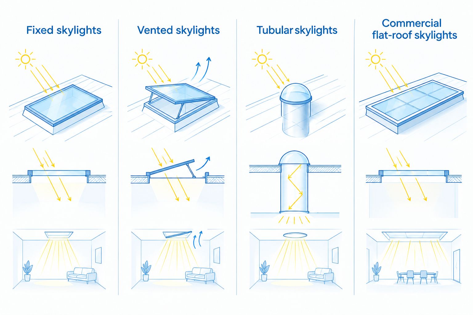 Four skylight types compared side by side