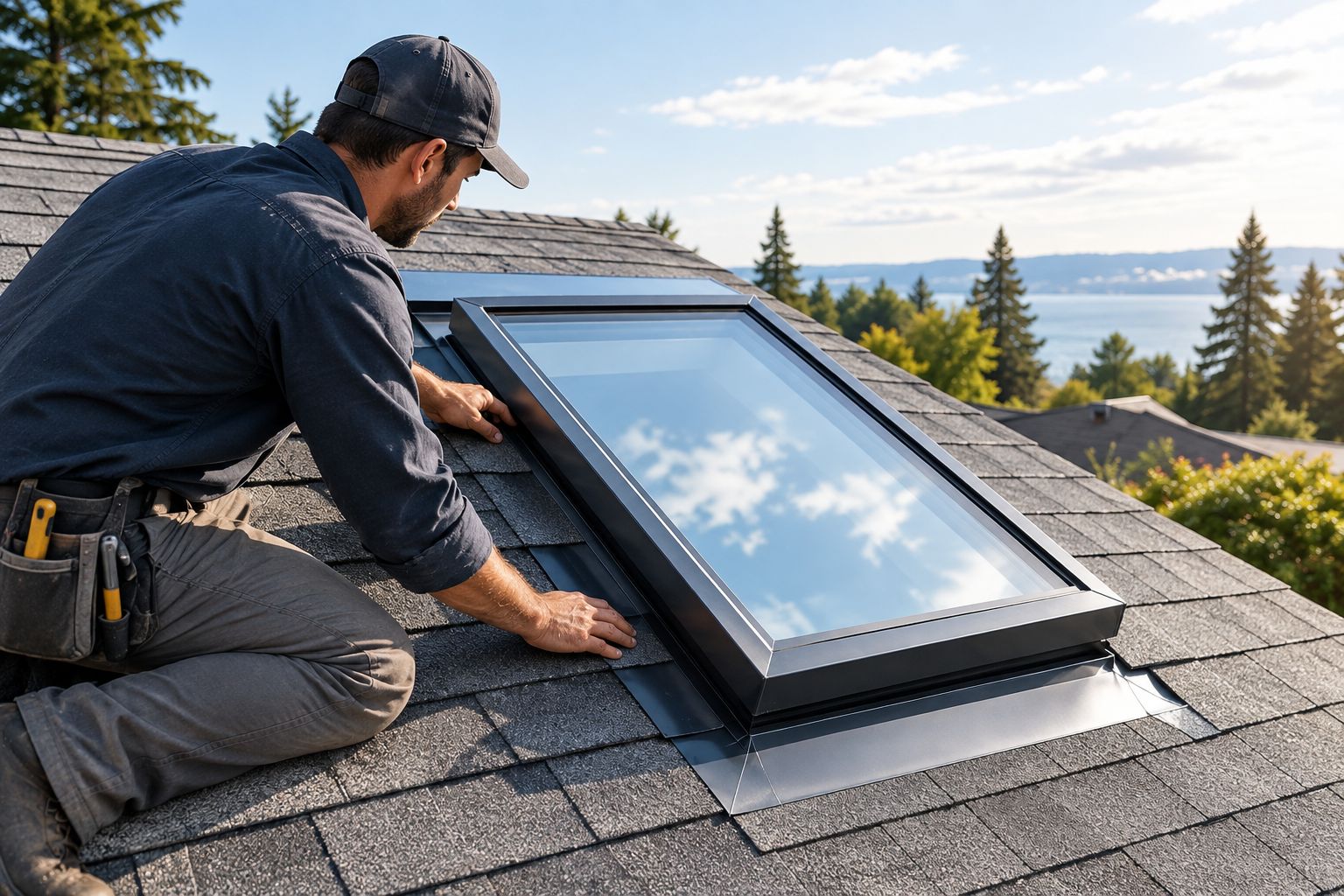Roofer installing skylight flashing during a roof replacement