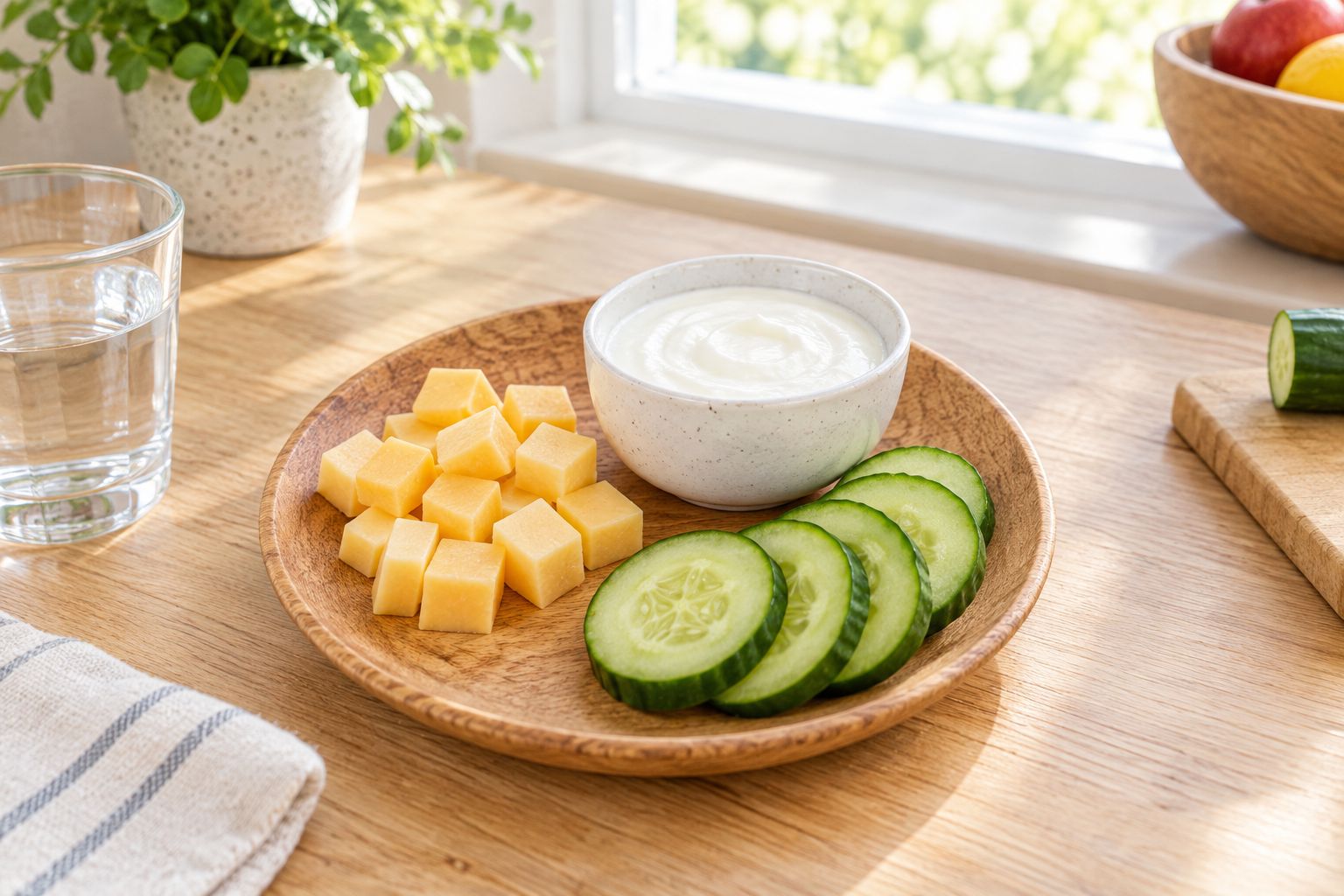 Wooden plate with cheese cubes, plain yogurt, and cucumber slices