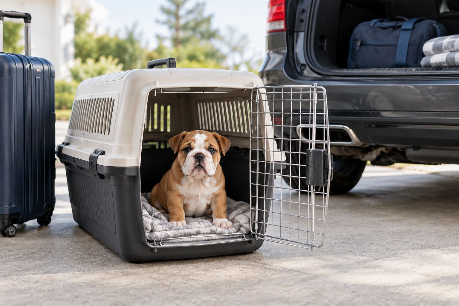 Hard-sided plastic travel kennel with wire door open for ground transport