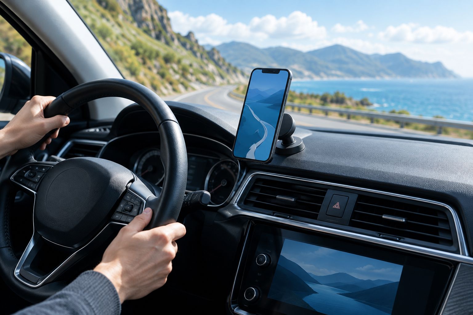 Magnetische telefoonhouder op het dashboard van een auto