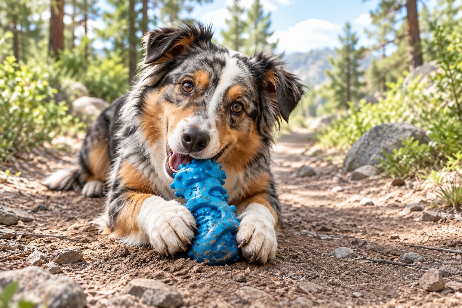 Active dog chewing a rugged rubber toy on a trail