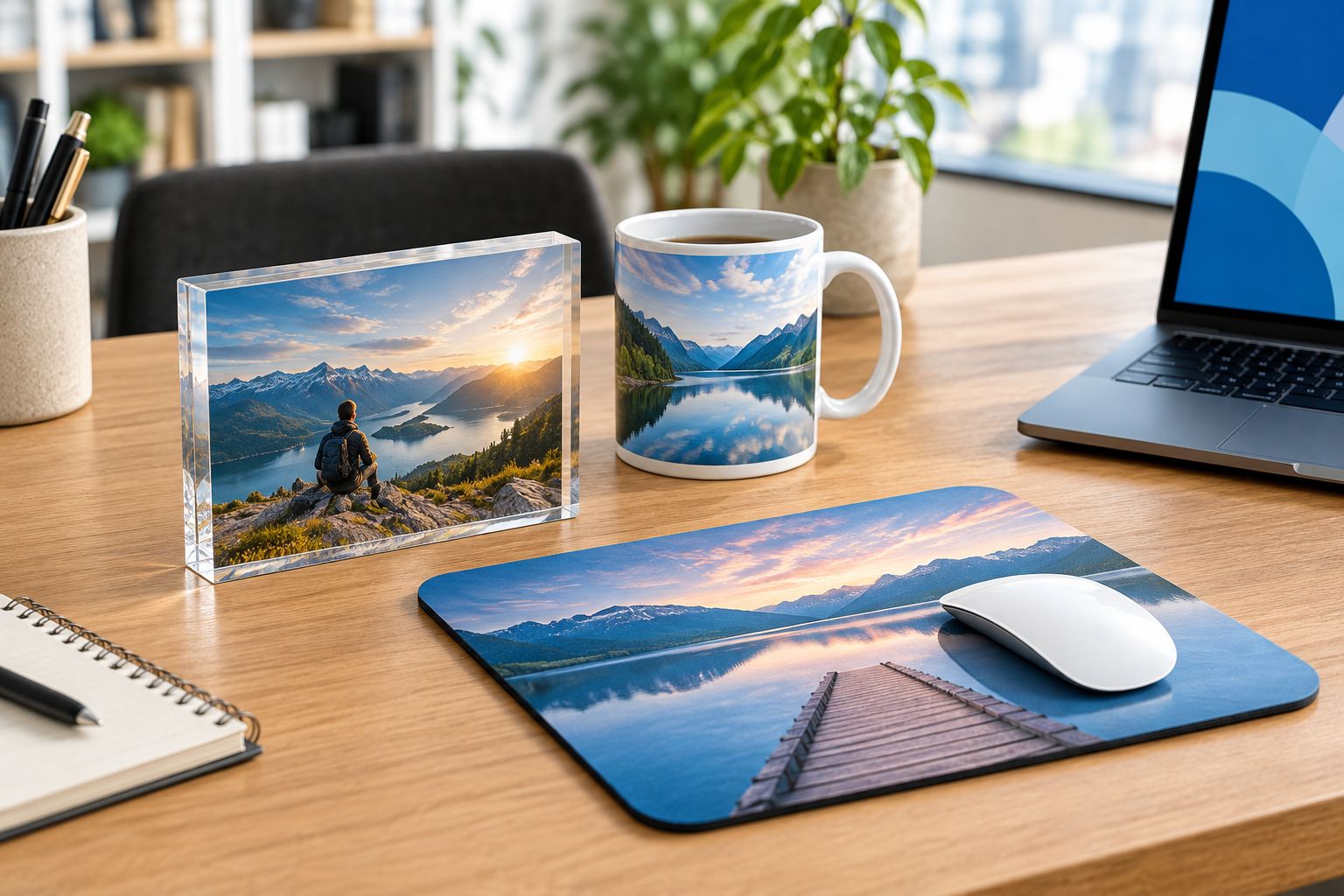 Office desk with an acrylic photo block, mug and mouse mat arranged near a laptop