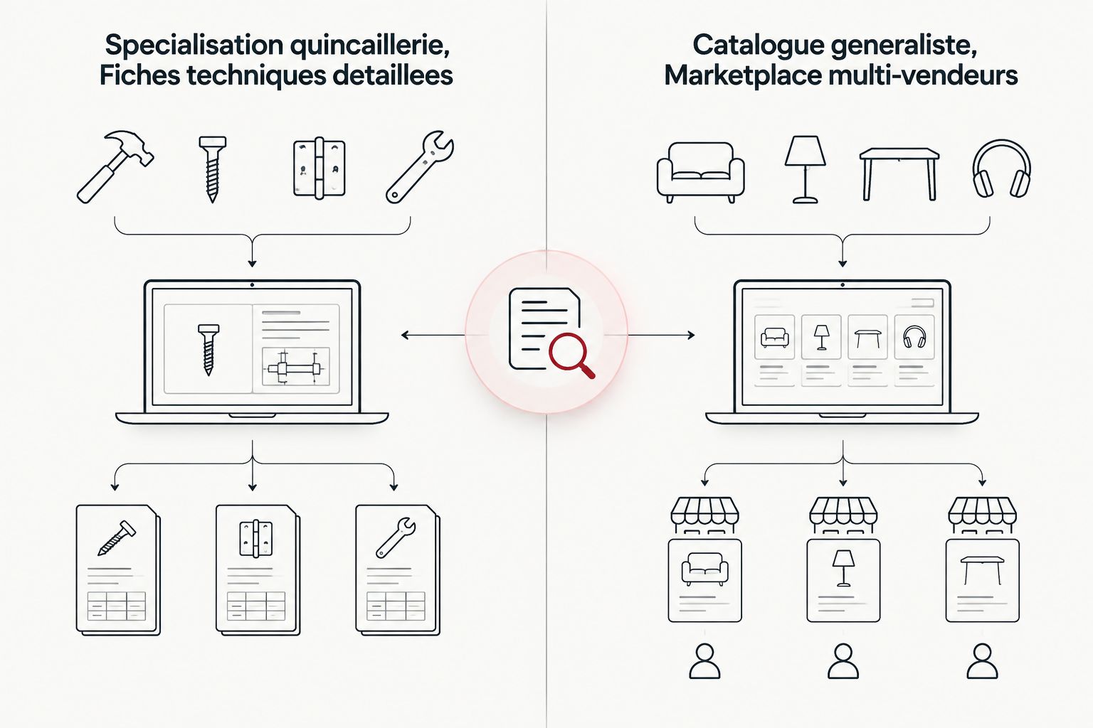 Comparaison en deux colonnes entre un fournisseur spécialisé et une marketplace généraliste