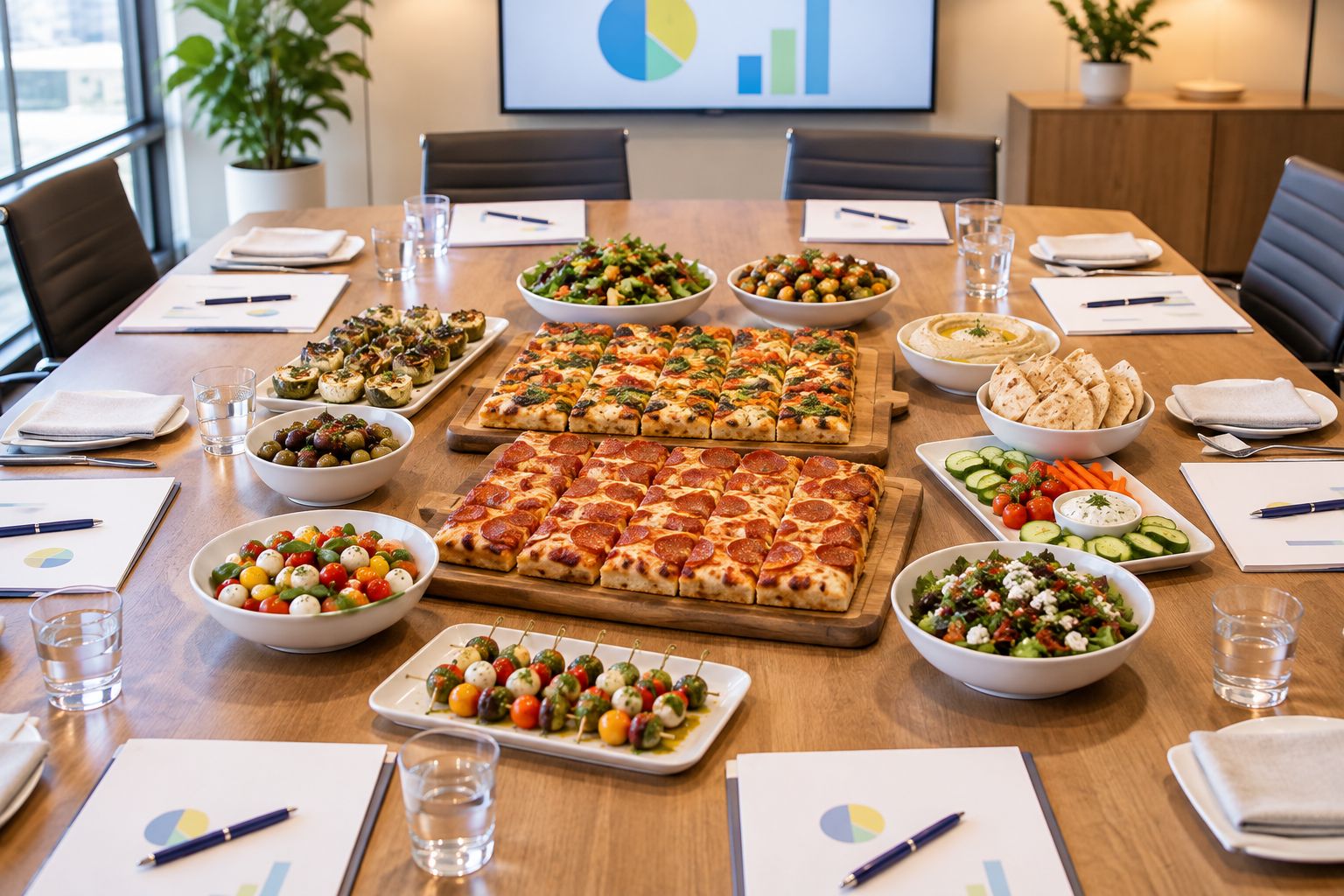 Sheet-cut pizza and small plates arranged on a conference table for a meeting