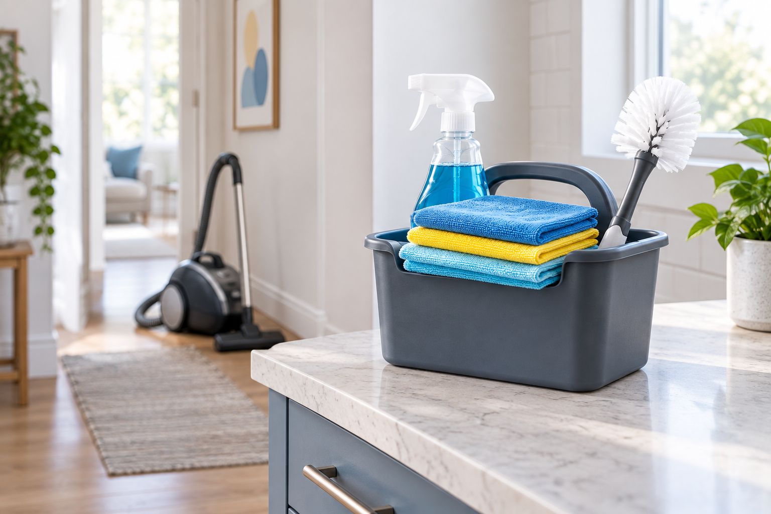 Cleaning caddy with spray bottle, microfiber cloths, and a vacuum on a kitchen counter
