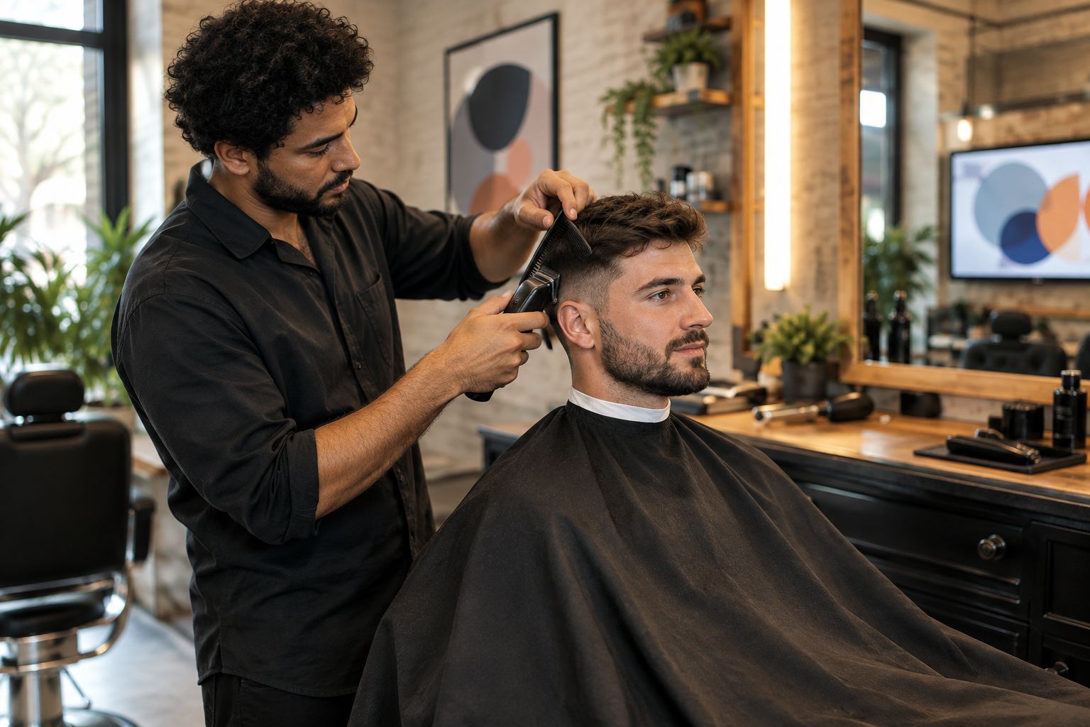 Barber giving a client a haircut inside a barbershop